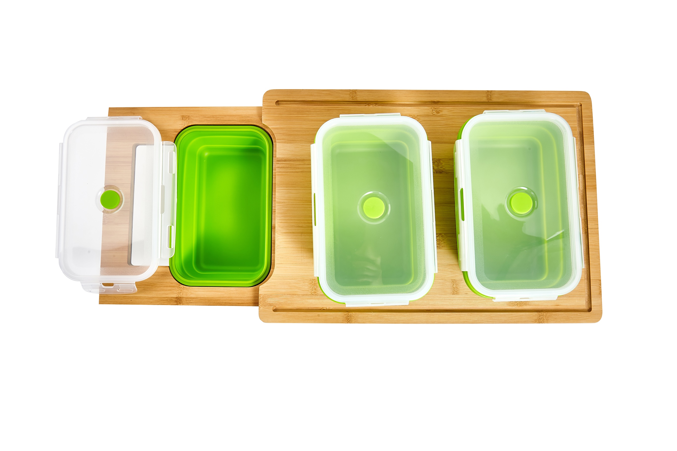 Bamboo Meal Prep Station with cutting board, colander, and food containers