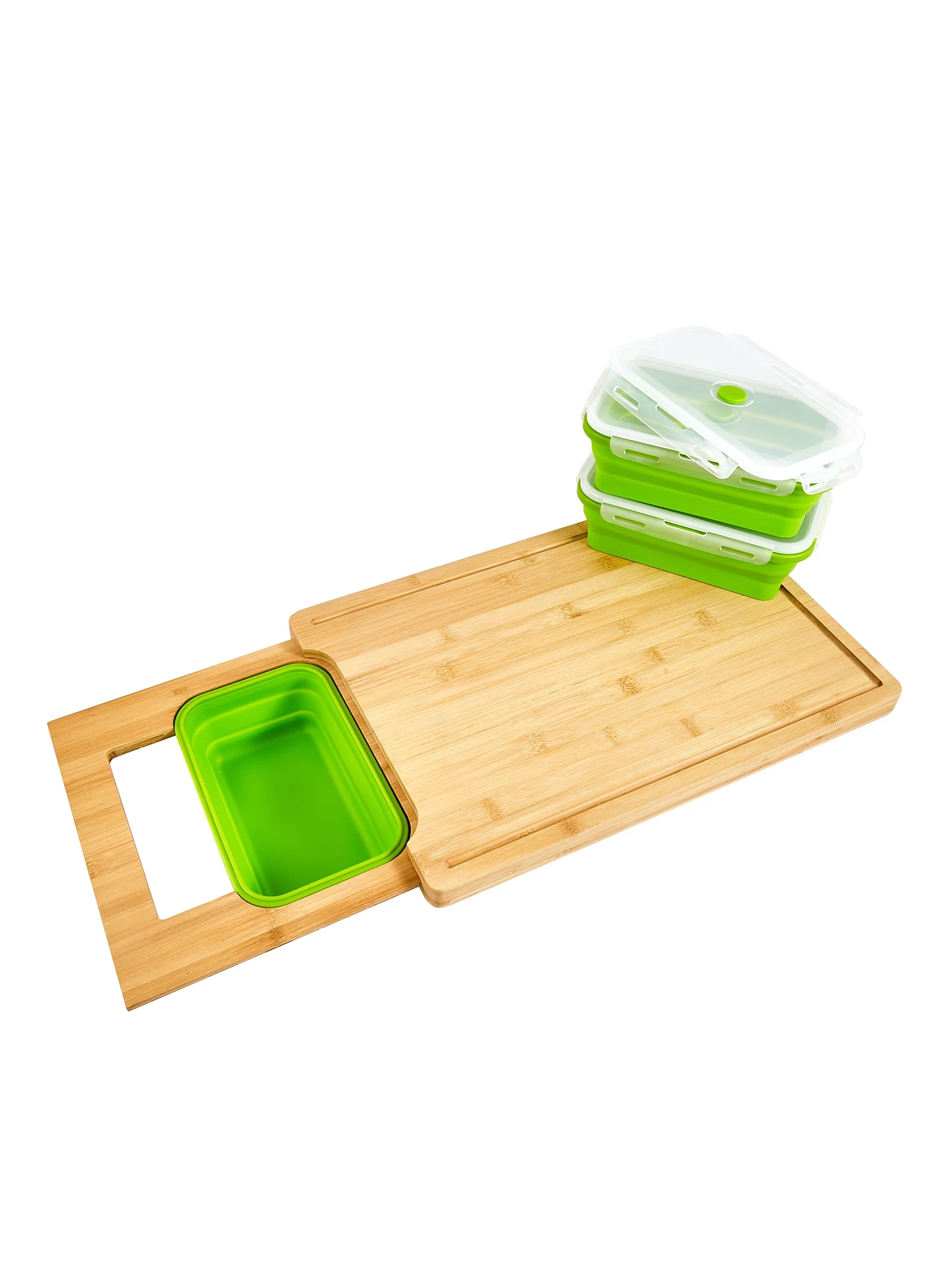 Bamboo board with sliding prep tray holding a green container and stacked containers on the board