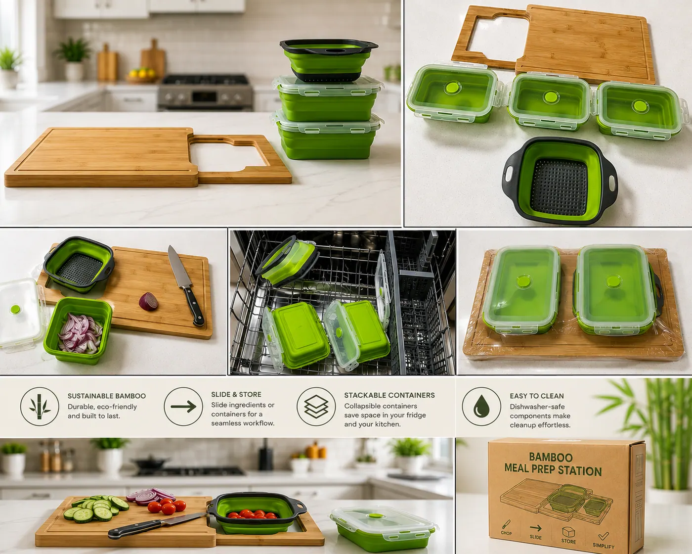 Bamboo Meal Prep Station product overview including one sealed product box