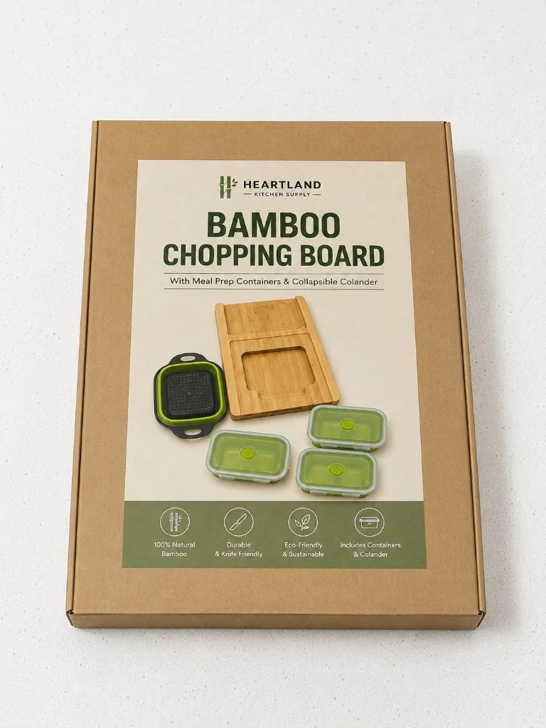 Factory-sealed Heartland Kitchen Supply shipping carton for the Bamboo Chopping Board set