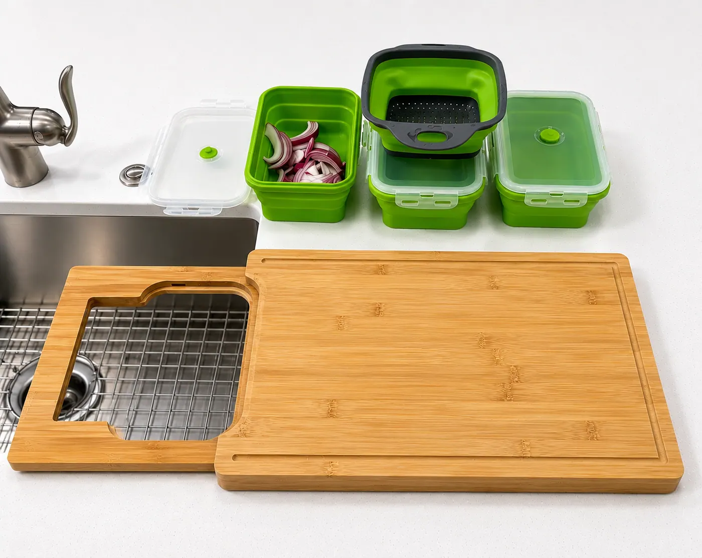 Bamboo meal prep board with four collapsible food containers on a kitchen counter