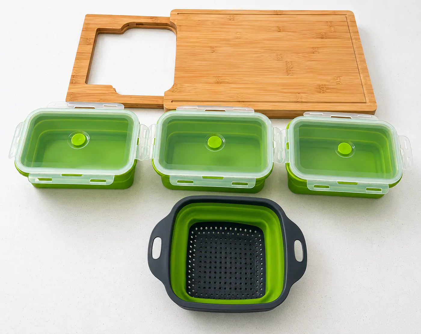 Complete Bamboo Meal Prep Station set arranged with board, containers, lids, and colander