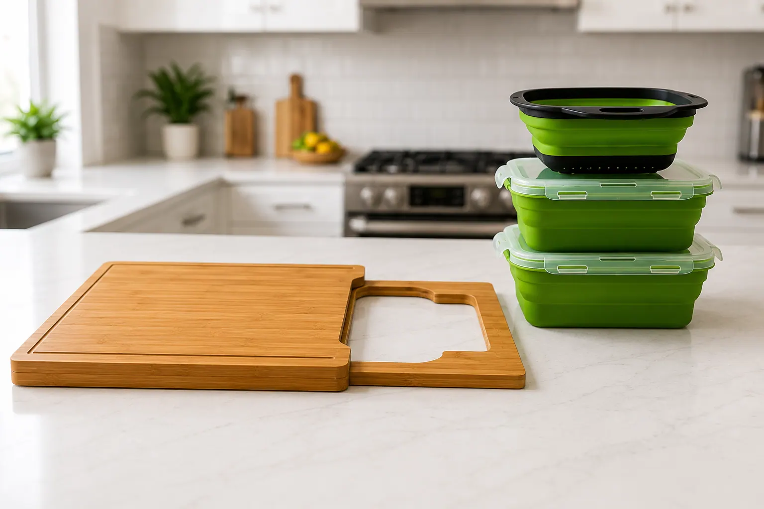 Bamboo Meal Prep Station and green collapsible storage containers on a kitchen counter