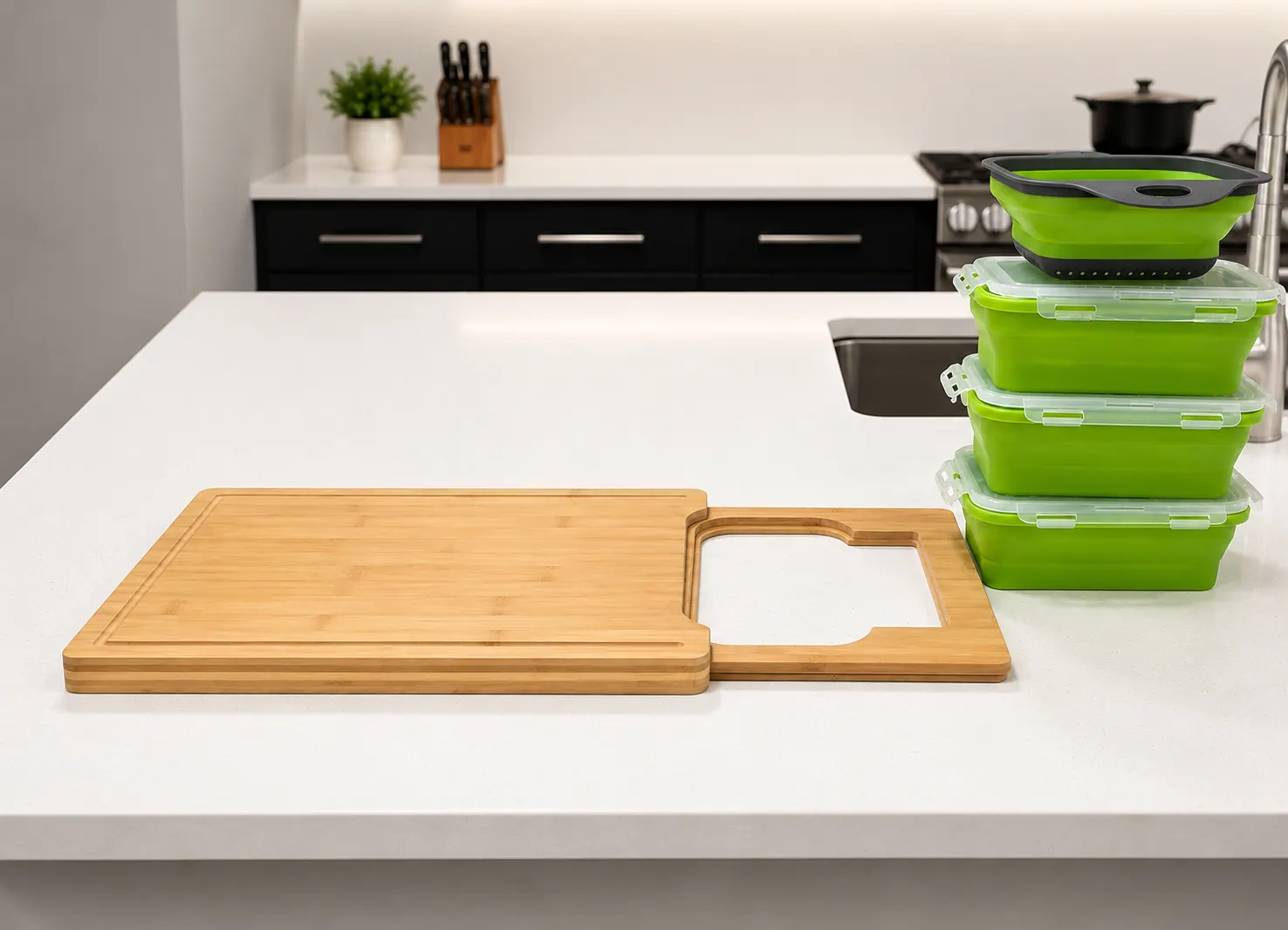 Bamboo Meal Prep Station with stacked green containers in a contemporary kitchen