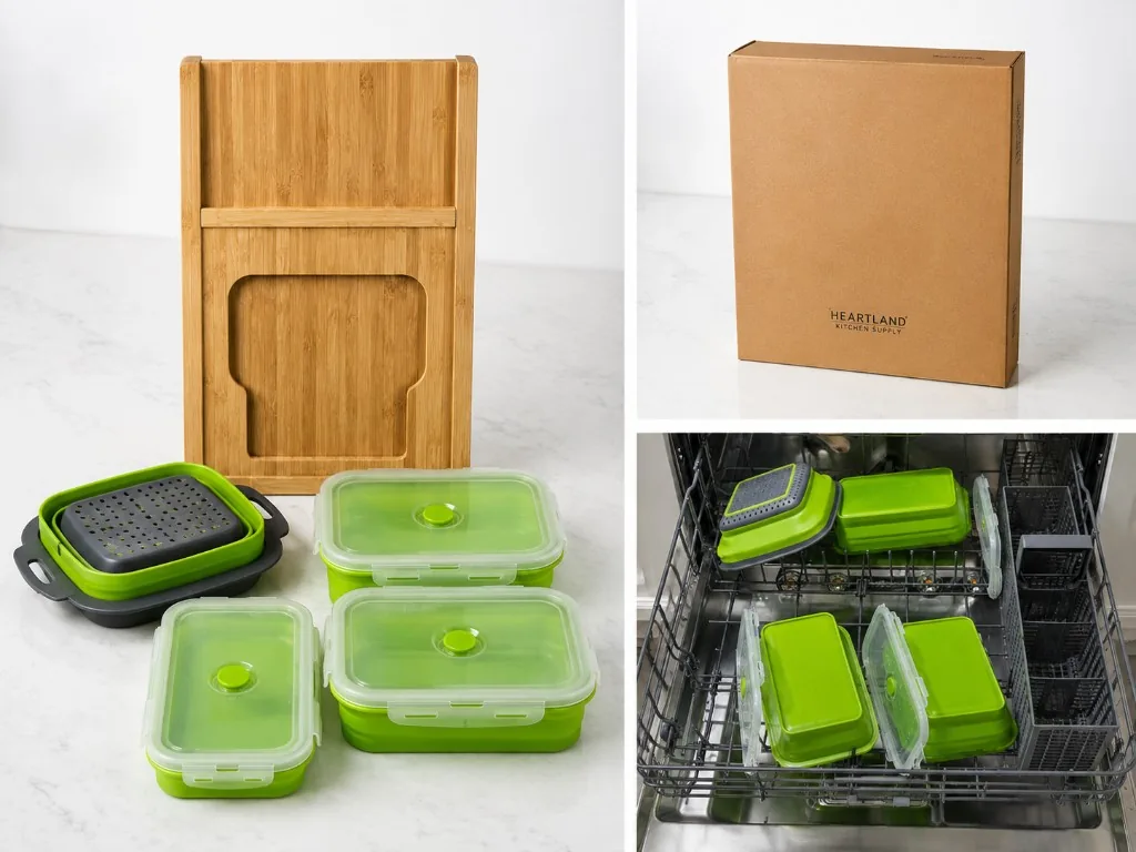 Complete set with bamboo board, three expandable storage containers, collapsible colander, and dishwasher-safe accessories